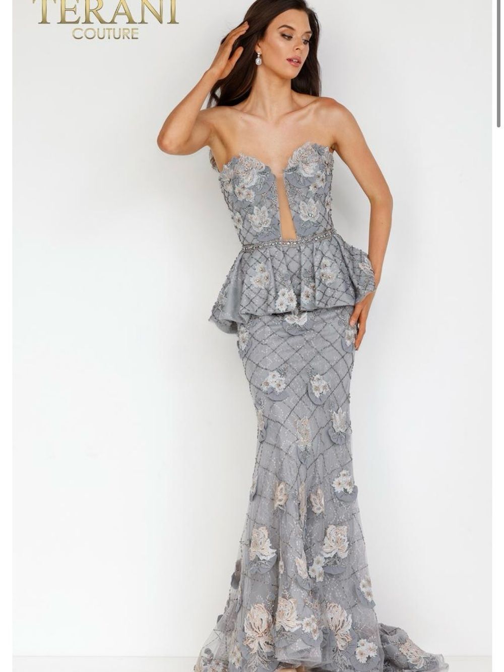 Terani Couture Strapless Silver Floral Peplum Mermaid Gown